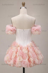 Suzhoufashion White and Pink A-Line Corset Short Homecoming Dress with 3D Flowers