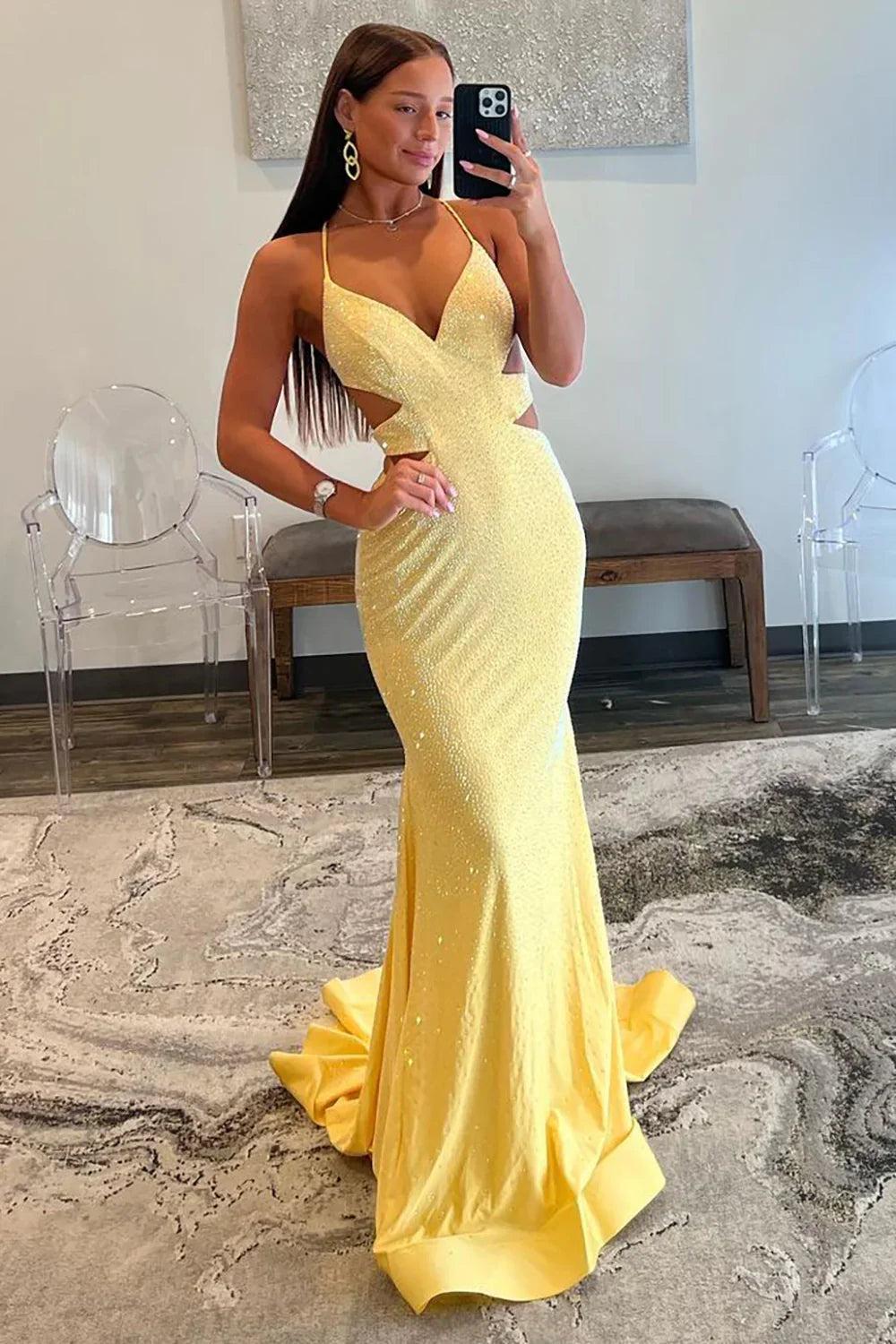 Suzhoufashion Yellow Mermaid Prom Dress With Cutout Waist Lace Up Corset And Beaded Details Formal Evening Gown