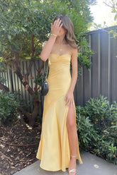 Suzhoufashion Yellow Satin Spaghetti Straps Long Ruched Prom Dress With Slit Formal Evening Gown
