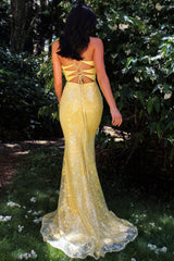 Suzhoufashion Yellow Sequin Strapless Mermaid Prom Dress With Crisscross Open Back Formal Evening Gown