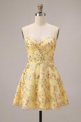Suzhoufashion Yellow Spaghetti Straps Sequin A-Line Short Homecoming Dress