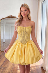 Suzhoufashion Yellow Strapless A-Line Beaded Short Corset Homecoming Dress