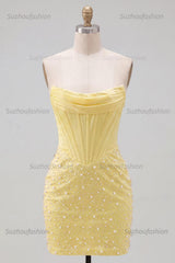Suzhoufashion Yellow Strapless Beaded Tight Short Corset Homecoming Dress