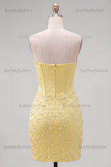 Suzhoufashion Yellow Strapless Beaded Tight Short Corset Homecoming Dress