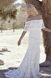 Sweep Train Elegant White Lace Bohemian Beach Beach Wedding Dress Off-the-shoulder Boho Wedding Gowns