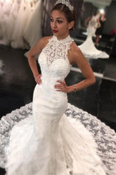 Sweep Train High Neck Bride Dress Retro Lace Sleeveless Mermaid Newest Beach Wedding Dress BA7636