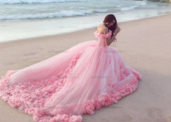 Sweet 16 Quinceanera Dresses Off The Shoulder Corset Canfy Pink Wedding Dress with Flowers