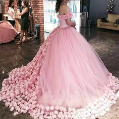 Sweet 16 Quinceanera Dresses Off The Shoulder Corset Canfy Pink Wedding Dress with Flowers