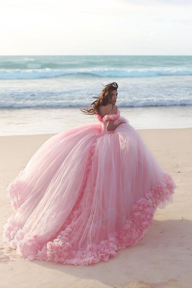 Sweet 16 Quinceanera Dresses Off The Shoulder Corset Canfy Pink Wedding Dress with Flowers