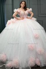 Sweet Ball Gown Off Shoulder Sleeveless Pleated Beaded Flowers Glitter Baby Pink Tulle Quinceanera Dress Forml Evening Dress Birthday Party Dress For Sweet 16