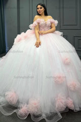Sweet Ball Gown Off Shoulder Sleeveless Pleated Beaded Flowers Glitter Baby Pink Tulle Quinceanera Dress Forml Evening Dress Birthday Party Dress For Sweet 16