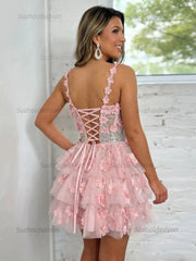 Sweetheart 3D Floral Tiered Homecoming Dresses Mini Cocktail Dress