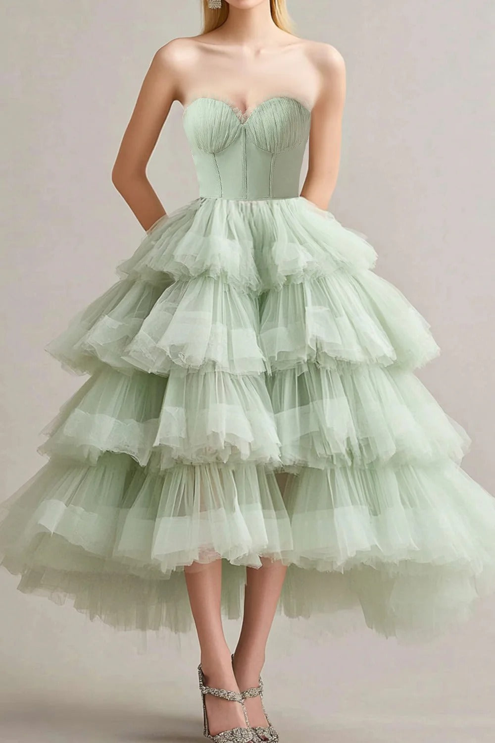 ZAPAKA Women Sage Formal Dress A Line Strapless Tiered Ruffles Tulle Evening Dress, Sage / US2 ZAPAKA Women Sage Formal Dress A Line Strapless Tiered Ruffles Tulle Evening Dress, Sage / US2