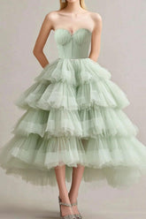 Sweetheart Corset A Line Sage Wedding Guest Dress Tulle Tiered Long Prom Dress With Ruffles