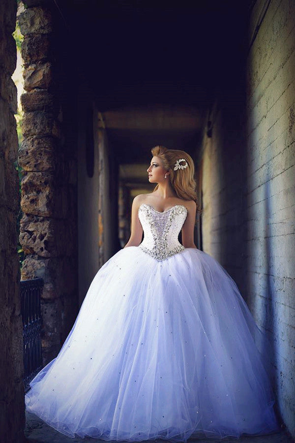 Sweetheart Crystal Tulle Ball Gown Wedding Dresses Lace-up Custom Made Princess Bridal Dresses with Crystals MH004 | Suzhoufashion Sweetheart Crystal Tulle Ball Gown Wedding Dresses Lace-up Custom Made Princess Bridal Dresses with Crystals MH004 | Suzhoufashion