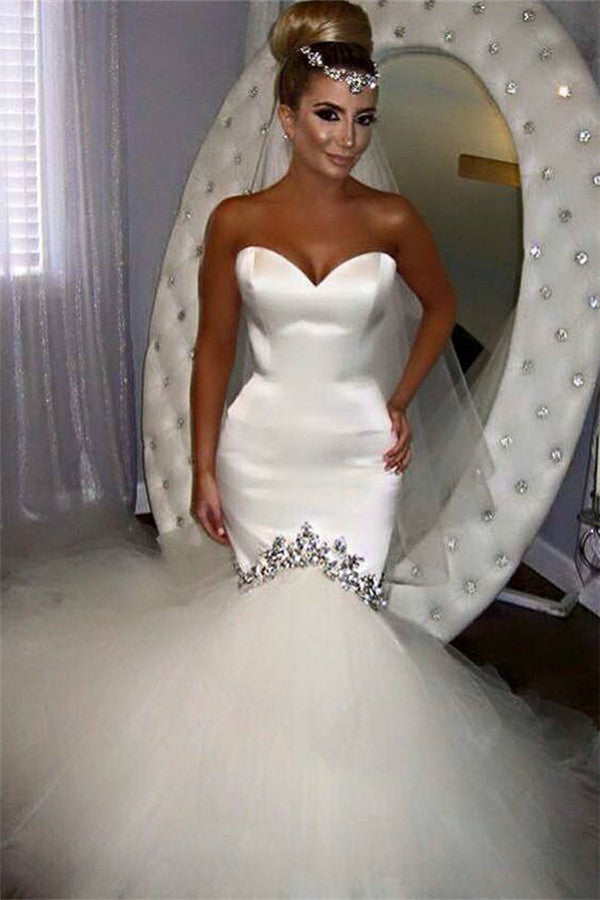 Sweetheart Fishtail Wedding Dresses Sparkly Crystals Puffy Tulle Bottom Bridal Gowns BA4020