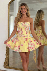 Suzhoufashion Sweetheart Floral Print Corset Short Dress with Giant Back Bow Homecoming Dresses