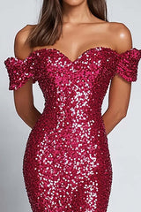 Sweetheart Fuchsia Wedding Guest Dress Sequins Long Formal Dress