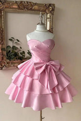 Sweetheart Homecoming Dress A Line Tiered Satin Short Evening Formal Dress With Bowknot