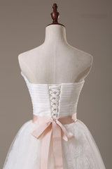 Sweetheart Lace Sash Wedding Dresses Lace-Up Bowknot Sleeveless Bridal Gowns
