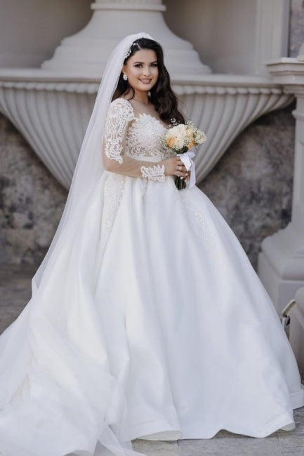 Sweetheart Long Sleeve Lace Ball Gown Satin Bridal Gown With Appliques