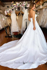 Sweetheart Long White Wedding Dress Strapless A Line Satin Bridal Gown With Pockets
