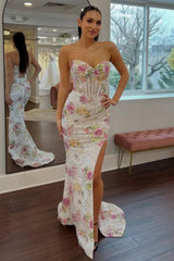Sweetheart Mermaid Floral Beaded Corset Prom Dress With High Slit Formal Evening Gown