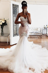 Sweetheart Mermaid Tulle Wedding Dresses | Sexy Sleeveless Lace Appliques Bridal Gowns