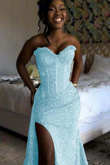 Sweetheart Sleeveless Long Mermaid Evening Formal Dress With Split Sequin