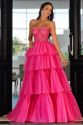Sweetheart Strapless Evening Formal Dress Long Sleeveless Layers Hot Pink Prom Dress