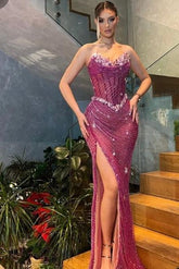 Sweetheart Strapless Sleeveless Beaded High Split Evening Formal Dress