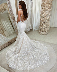 Sweetheart White Tulle Lace Mermaid Wedding Dresses Long