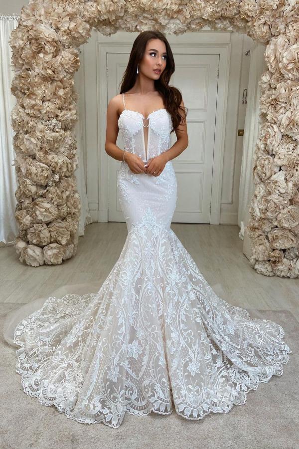 Sweetheart White Tulle Lace Mermaid Wedding Dresses Long