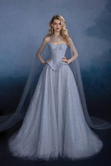 Grey Corset Dress A Line Sweetheart Tulle Prom Dress with Beadings and Rhinestones