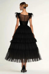 Tea Length Black Wedding Guest Dress A-Line Flatter Sleeves Tulle Formal Dress With Ruffles