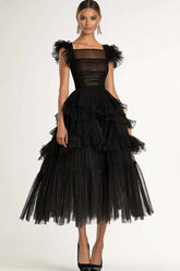 Tea Length Black Wedding Guest Dress A-Line Flatter Sleeves Tulle Formal Dress With Ruffles