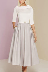 Tea Length Mother of the Bride A Line Dress with Jewel Neckline Half Sleeves Pleats and Pockets