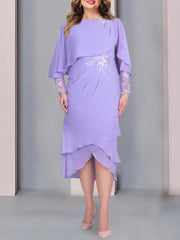 Tea Length Mother of the Bride Dress with Scoop Neck Short Sleeves and Appliqued Lace