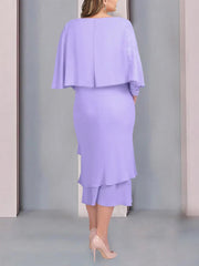 Tea Length Mother of the Bride Dress with Scoop Neck Short Sleeves and Appliqued Lace