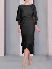Tea Length Mother of the Bride Dress with Scoop Neck Short Sleeves and Appliqued Lace