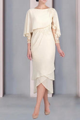 Tea Length Mother of the Bride Dress with Scoop Neck Short Sleeves and Appliqued Lace