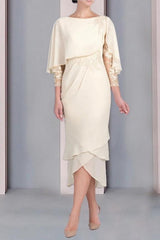 Tea Length Mother of the Bride Dress with Scoop Neck Short Sleeves and Appliqued Lace