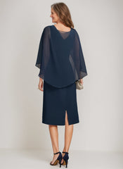 Tea Length Mother of the Bride Sheath Dress with Detachable Beaded Cape and Ruffles