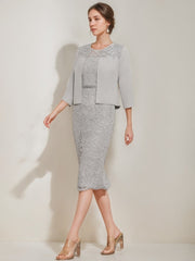 Tea Length Mother of the Bride Sheath Column Dress with Jacket & Crystals