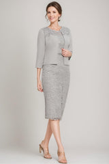 Tea Length Mother of the Bride Sheath Column Dress with Jacket & Crystals