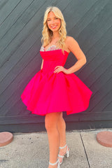 Trendy Fuchsia Homecoming Dresses Corset A Line Strapless Short Cocktail Dresses with Beadings
