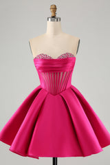Trendy Fuchsia Homecoming Dresses Corset A Line Strapless Short Cocktail Dresses with Beadings