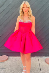 Trendy Fuchsia Homecoming Dresses Corset A Line Strapless Short Cocktail Dresses with Beadings