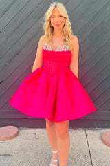 Trendy Fuchsia Homecoming Dresses Corset A Line Strapless Short Cocktail Dresses with Beadings