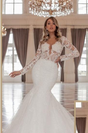 Trendy Long Sleeves V-Neck Mermaid Bridal Gowns with Chapel Train